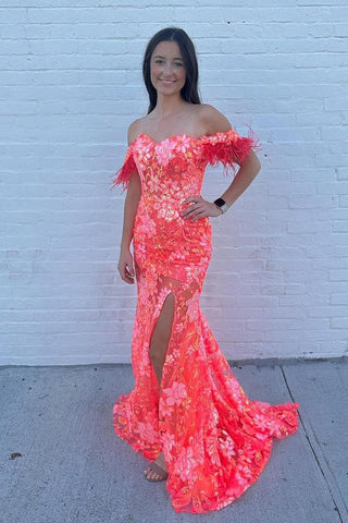 Cute Mermaid Coral Lace Sequins Long Prom Dresses with Slit AB24102413