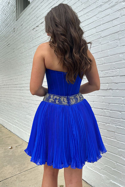 Cute A Line Strapless Royal Blue Chiffon Short Homecoming Dresses with Beading AB241013