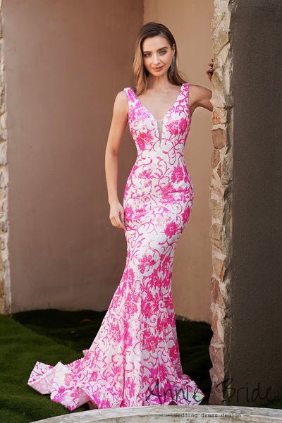 Charming Mermaid V Neck Pink White Sequins Lace Prom Dress AB24121103