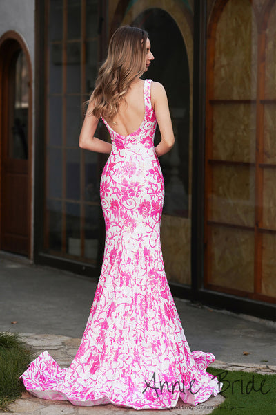 Charming Mermaid V Neck Pink White Sequins Lace Prom Dress AB24121103