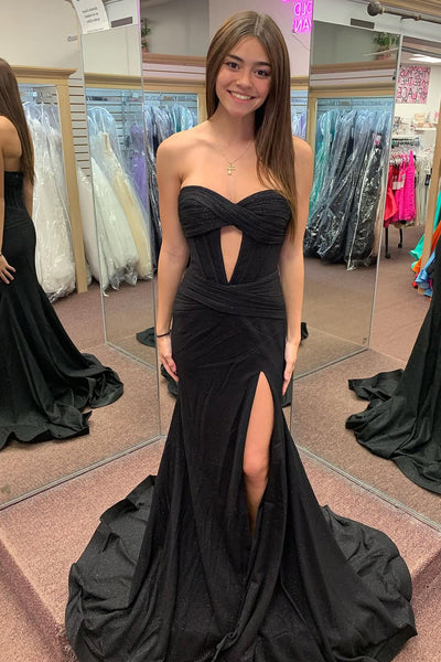 Cute Mermaid Sweetheart Keyhole Black Satin Slit Prom Dresses AB24121706