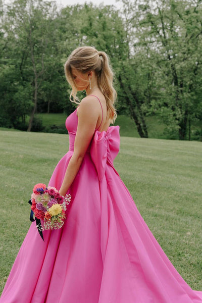 Princess A-Line Scoop Neck Fuchsia Satin Long Prom Dress with Bow AB4052104