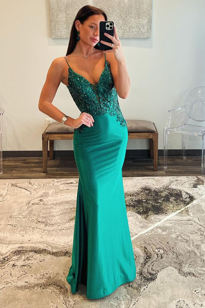 Mermaid V Neck Satin Long Prom Dress with Beading AB4031105