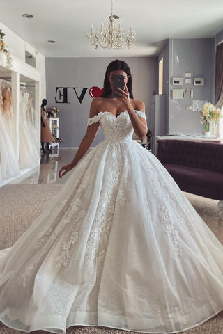 Gorgeous Ball Gown Off the Shoulder Tulle Long Bridal Dresses with Appliques AB2411114