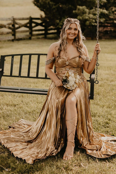 Charming A Line Off the Shoulder Gold Metallic Pleated Long Prom Dresses