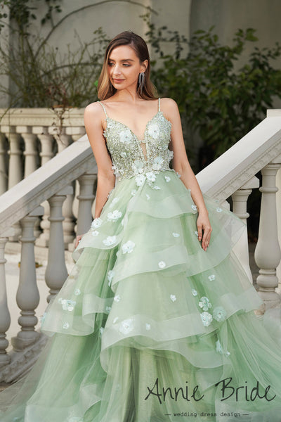 Fairy Ball Gown V Neck Sage Green Tiered Tulle Prom Dress Sweet 16 Dresses AB24121209