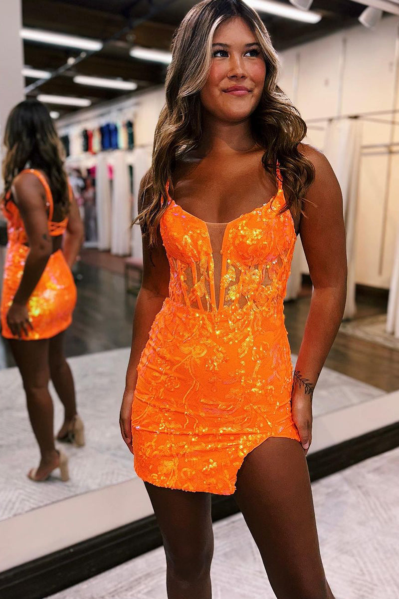 Cute Bodycon V Neck Orange Sequins Short Homecoming Dresses AB24072502