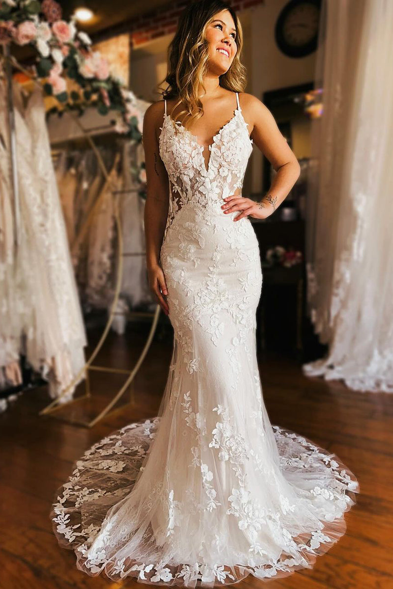 Elegant Mermaid V Neck Lace Wedding Dresses with Appliques AB4011705