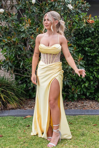 Cute Mermaid Sweetheart Yellow Long Prom Dresses with Cross Back AB24120903