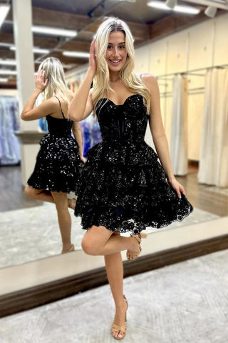 Cute A Line Sweetheart Black Sequins Lace Short Homecoming Dresses AB24081603