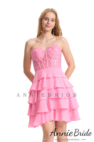 Cute A Line Sweetheart Pink Chiffon Tiered Short Homecoming Dresses AB24072104