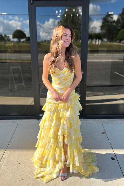 Cute Mermaid Sweetheart Daffodial Printed Chiffon Long Prom Dresses with Slit AB24092802