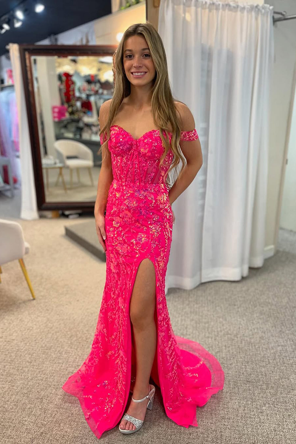 Cute Mermaid Off the Shoulder Hot Pink Sequins Lace Prom Dress with Slit AB25011502