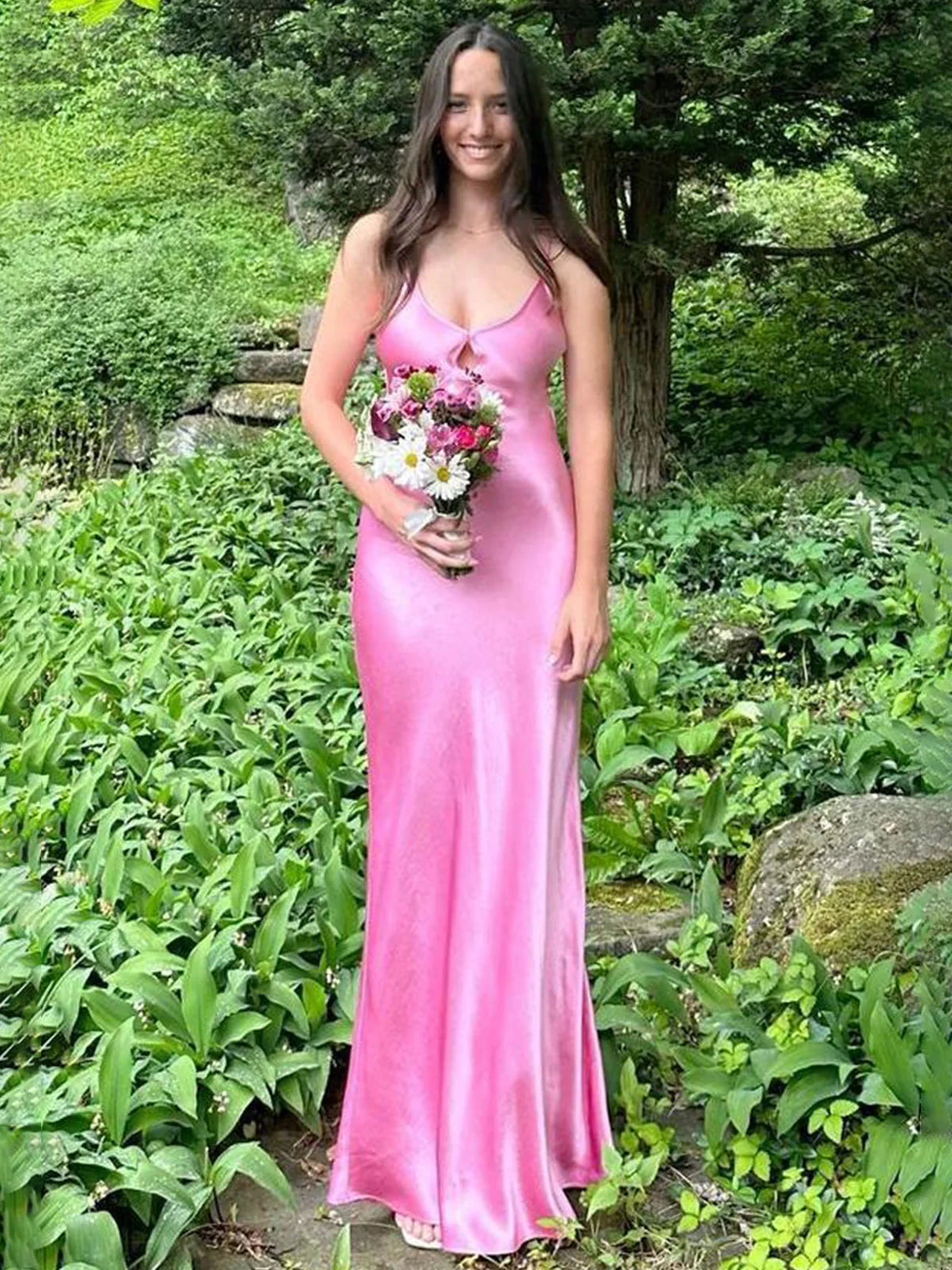 Sheath V Neck Pink Satin Long Prom Dress AB24122410