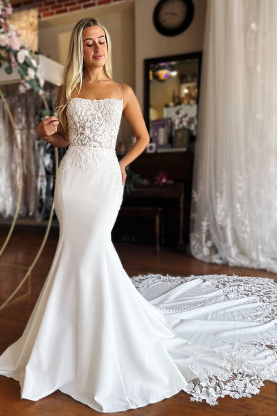 Charming Mermaid Scoop Neck Satin Long Wedding Dresses with Appliques AB24102503