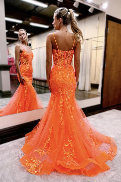 Cute Mermaid V Neck Orange Sequins Tulle Long Prom Dresses