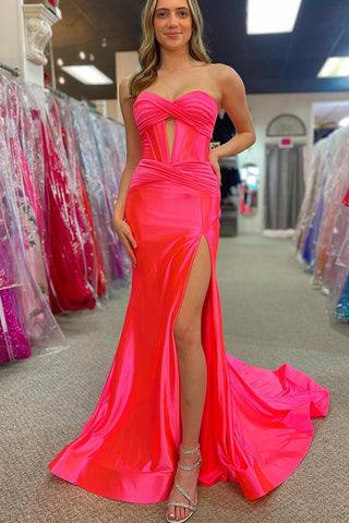 Charming Mermaid Sweetheart Hot Pink Satin Long Prom Dress with Slit AB120604