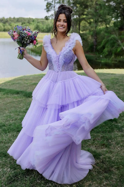 Unique A-Line V Neck Lilac Ruffle Tiered Tulle Long Prom Dress AB4052602