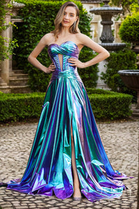 Cute A Line Sweetheart Keyhole Metallic Satin Prom Dress with Slit AB24122702