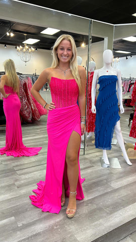 Charming Mermaid Scoop Neck Hot Pink Satin Long Prom Dresses with Beading AB24092601