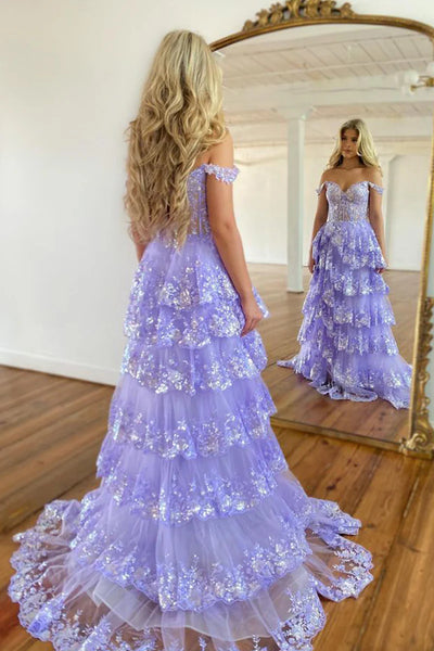 Fashion Ball Gown Off the Shoulder Light Blue Tiered Prom Dresses with Slit AB24091302