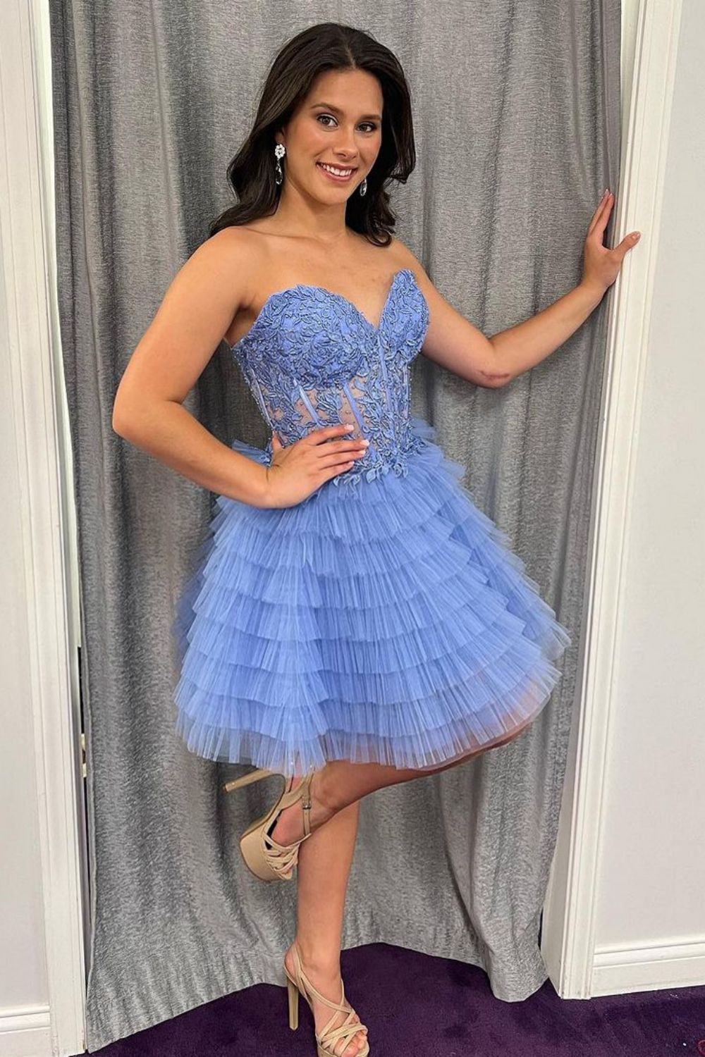 Cute A Line Sweetheart Tiered Tulle Homecoming Dresses with Appliques AB071506