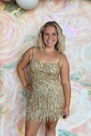 Cute Gold Sequins Scoop Neck Tight Short Homecoming Dresses with Beading AB24082701