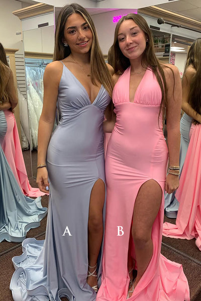 Charming Mermaid V Neck Pink Elastic Satin Long Prom Dresses with Backless AB24120901