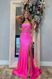 Cute Mermaid Sweetheart Pink Satin Long Slit Prom Dress with Beading AB24123002