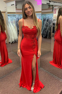 Cute Mermaid Straps Red Satin Long Prom Dresses with Slit AB24120607