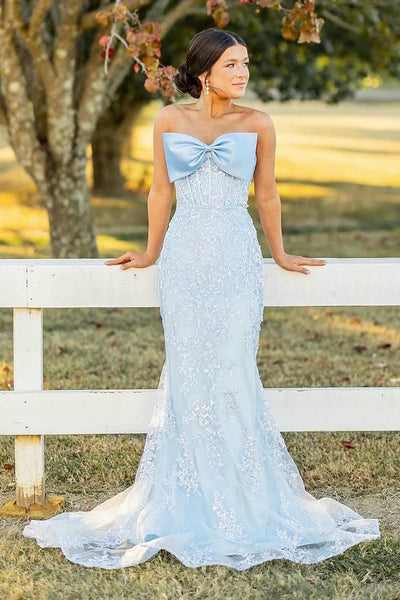 Cute Mermaid Sweetheart Light Blue Lace Prom Dresses with Bow AB24102909