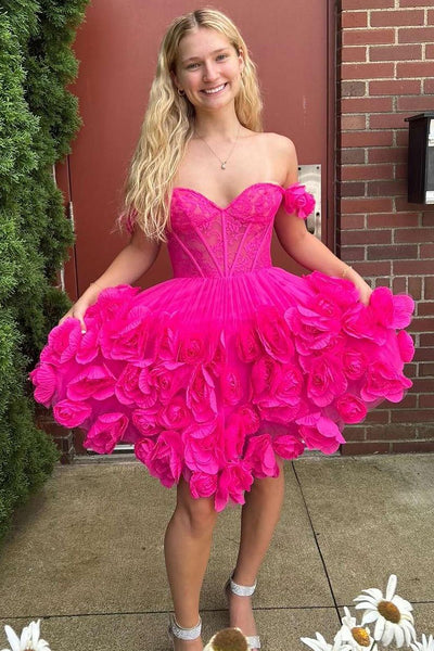 Cute A-Line Off the Shoulder Pink Lace Short Homecoming Dresses AB071106