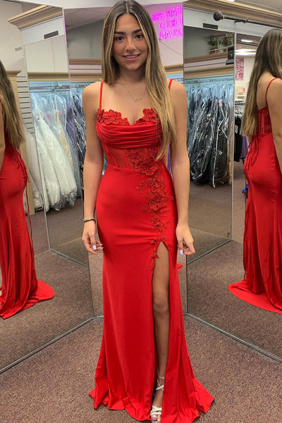 Cute Mermaid Straps Red Satin Long Prom Dresses with Slit AB24120607