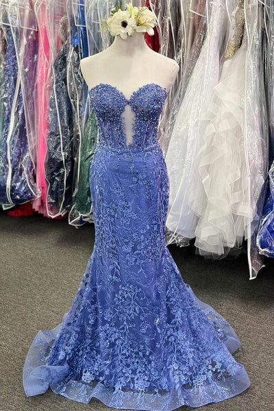 Sweetheart Mermaid Strapless Blue Lace Long Prom Dresses with Appliques