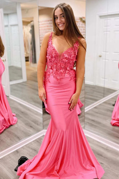 Charming Mermaid V Neck Fuchsia Sparkly Satin Long Prom Dresses with Appliques AB24101702