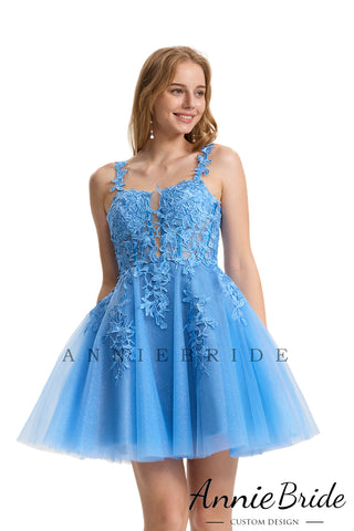 Cute A Line V Neck Blue Sparkly Tulle Short Homecoming Dresses with Appliques AB24071904