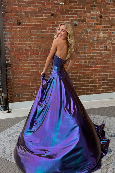 Gorgeous A Line Sweetheart Purple Satin Long Prom Dresses with Slit AB24112114