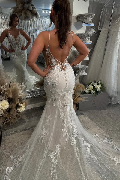 Gorgeous Mermaid V Neck Lace Wedding Dresses with Appliques AB25011507