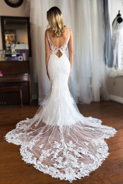 Elegant Mermaid V Neck Lace Long Wedding Dresses AB24100505