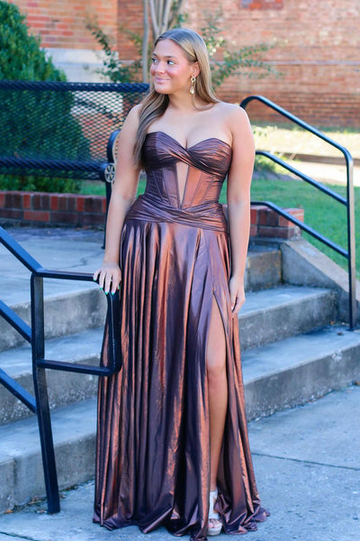 Cute A Line Sweetheart Brown Sparkly Satin Long Prom Dresses with Slit AB24112216