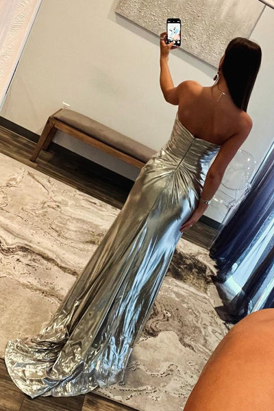 Simple Mermaid Strapless Silver Satin Long Prom Dress with Slit AB4032401