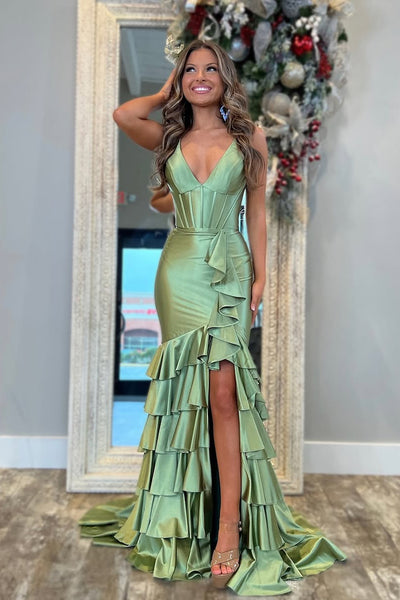 Cute Mermaid V Neck Sage Green Satin Long Prom Dress with Slit AB24122403