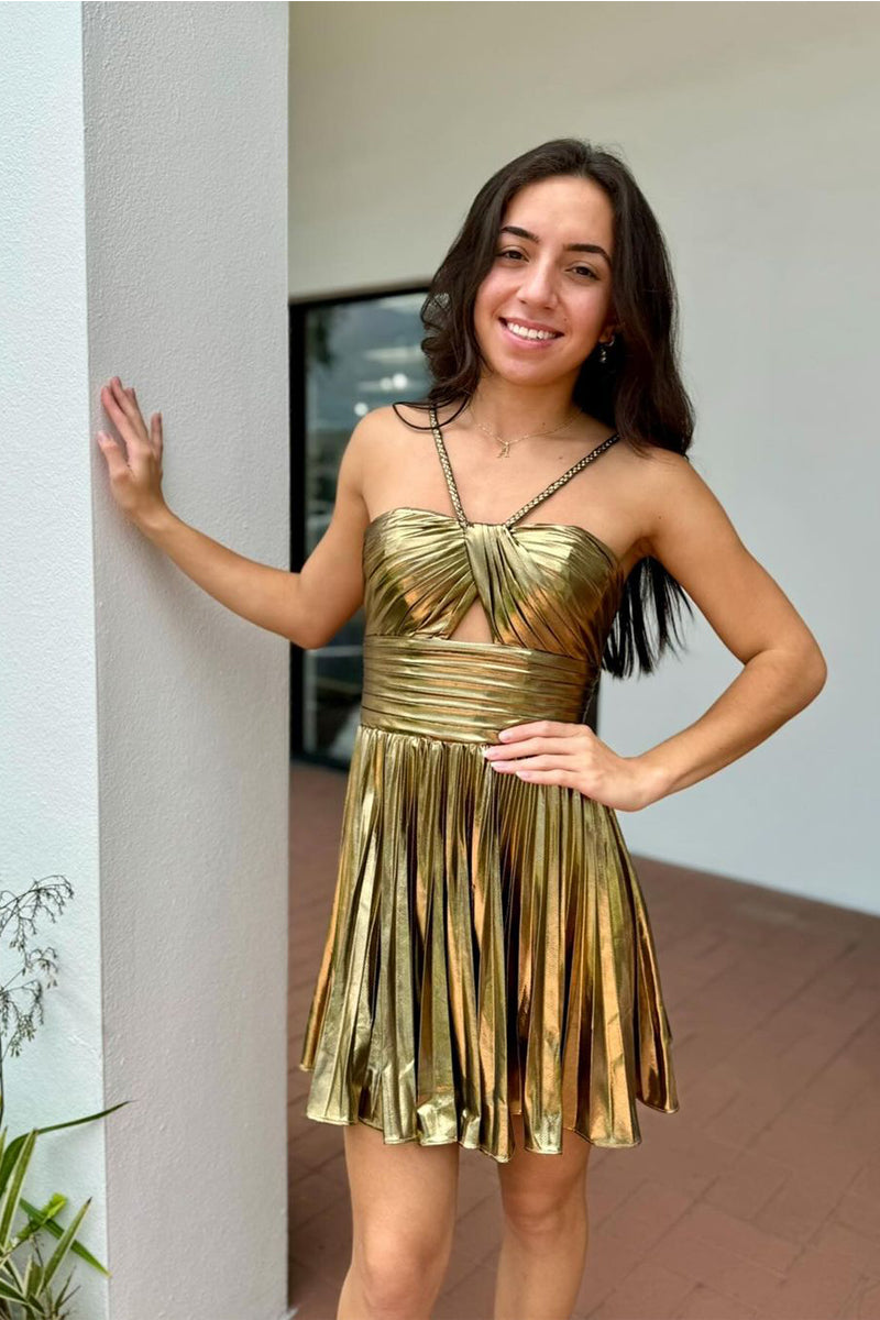 Cute A Line Straps Gold Sparkly Satin Homecoming Dresses AB24072403