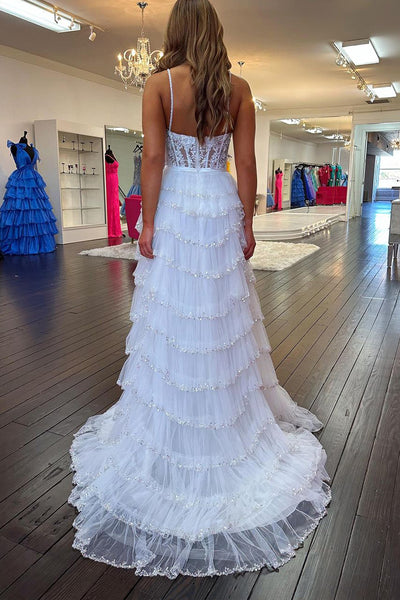 Charming A Line Sweetheart White Tulle Long Prom Dresses with Beading AB110701