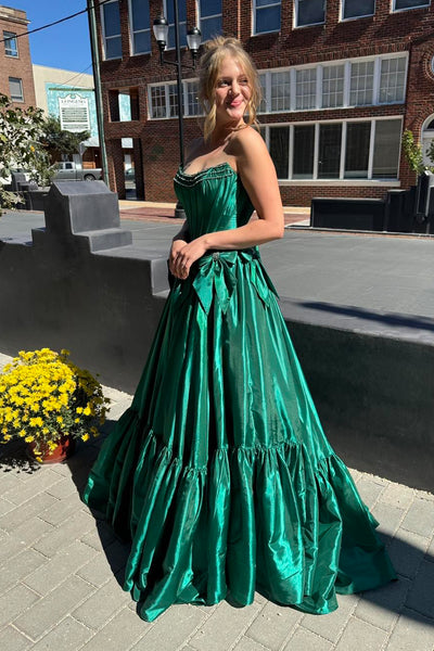 Cute A Line Strapless Dark Green Satin Prom Dresses AB24102803