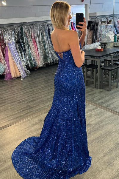 Orange Strapless Sequins Mermaid Long Prom Dress with Slit AB4022701