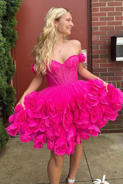 Cute A-Line Off the Shoulder Pink Lace Short Homecoming Dresses AB071106