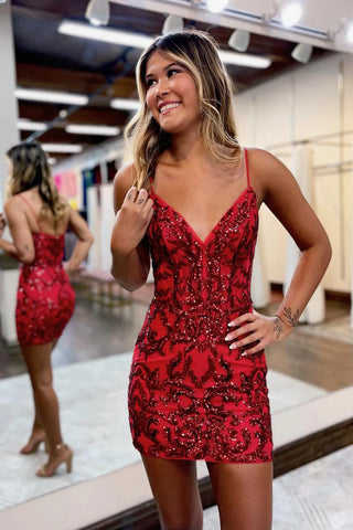 Cute V Neck Red Sequins Lace Short Tight Homecoming Dresses AB4083006