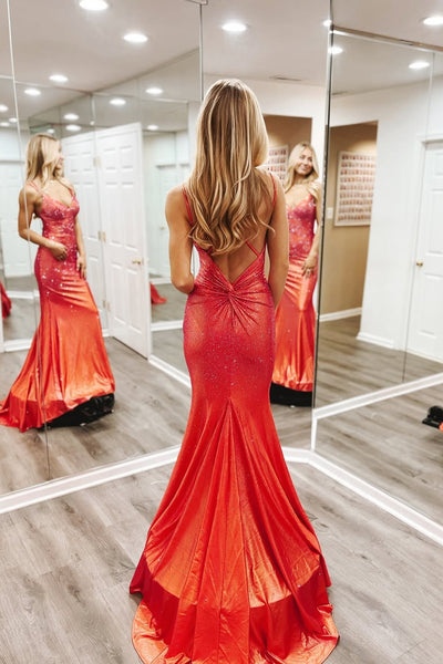 Sparkly Mermaid V Neck Rust Red Long Prom Dress with Hot Stone Beading AB24121601