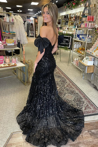 Cute Mermaid Off the Shoulder Black Sequins Long Prom Dresses with Bow AB24120610